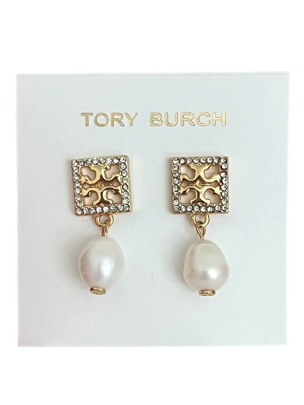 Tory Burch Gold Tone White Pearl Drop Logo Earrings